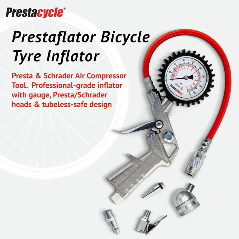 Prestacycle Prestaflator Multipurpose Bicycle Tire Inflation Tool â€“ Presta & Schrader Air Compressor Tool with QuickClickâ„¢ Heads, Steel Gauge, Variable-Rate Trigger, and High-Flex Hose - Image 2